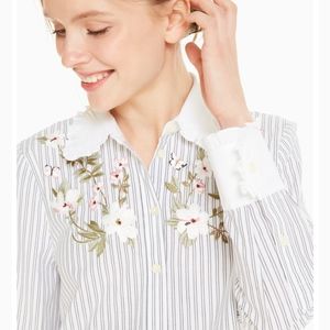 Kate Spade embroidered detail stripe ruffle button up top longsleeve work wear